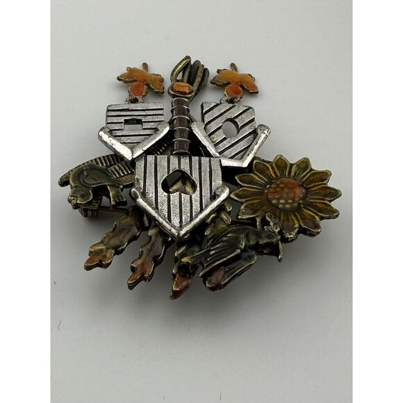 Vinyage Signed KC Kenneth Cole Birdhouse Brooch Sunflower Leaves Bird Fall - Picture 3 of 8